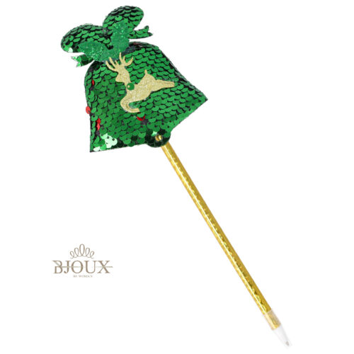 Penna campana paillettes verdi con renna glitter