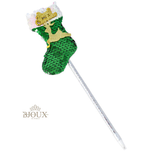 Penna calza paillettes verdi con renna glitter