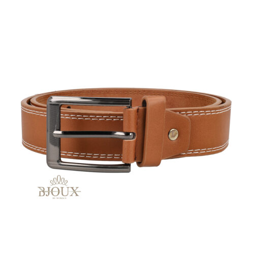 Cintura da uomo color cuoio con cuciture bianche