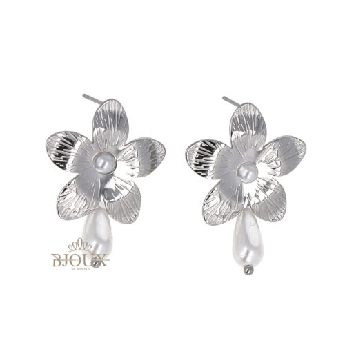 Orecchini fiorellini rodio con perla pendente