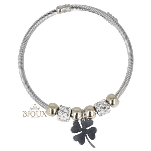 Bracciale spirale con beads gold strass e quadrifoglio