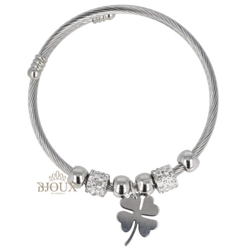 Bracciale spirale con beads rodio strass e quadrifoglio