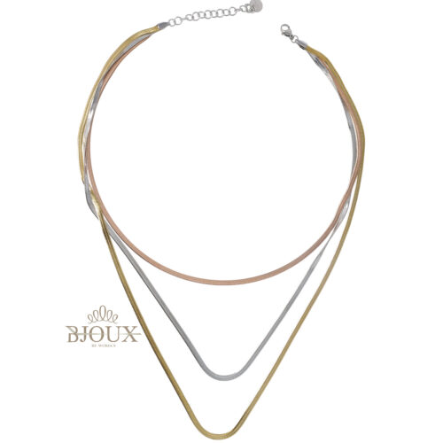 Collana lunga acciaio in mesh 3 fili 3 tone