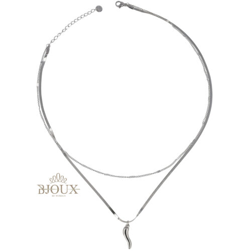 Collana acciaio a due fili rodio con cornetto porta fortuna