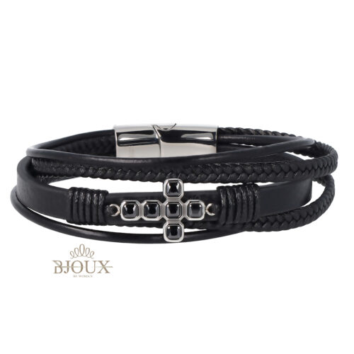 Bracciale in pelle multifili con croce black
