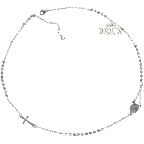Collana bigiotteria rosario in acciaio rodiato