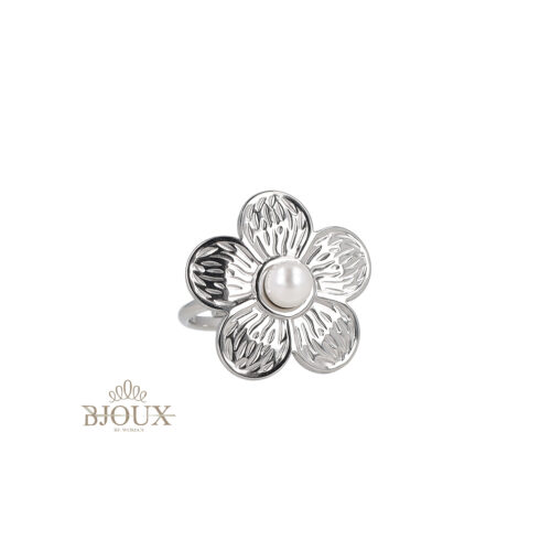 Anello Fiore con Perlina in Acciaio