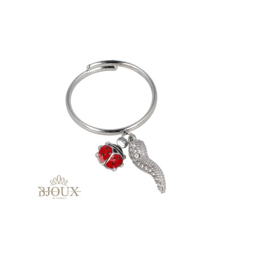 Anello in acciaio con ciondoli coccinella e corno