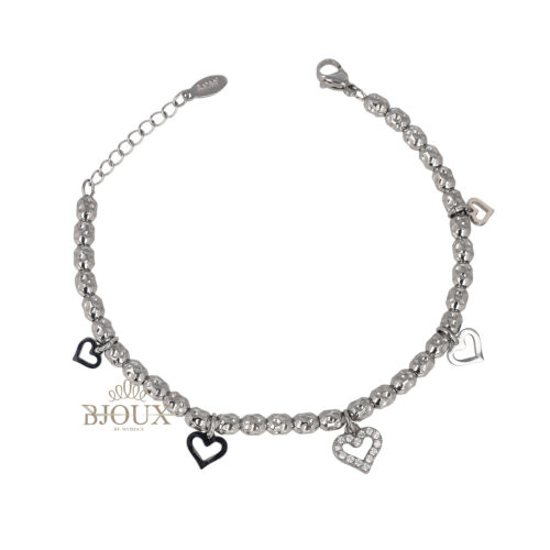 Bracciale in acciaio con sfere e ciondoli cuori
