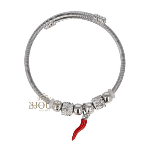 Bracciale spirale beads rodio con corno rosso