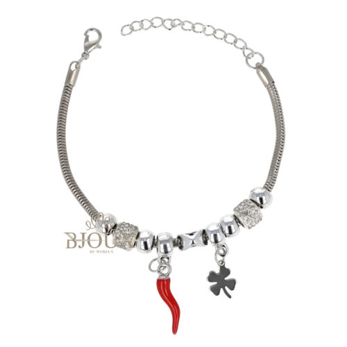 Bracciale acciaio rodio con charms quadrifogli e corno