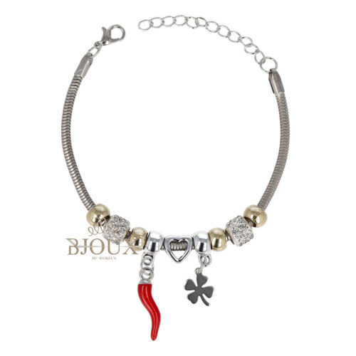 Bracciale acciaio oro con charms quadrifogli e corno