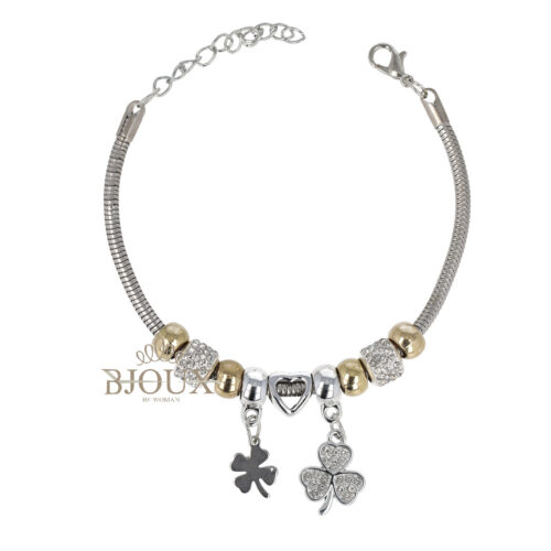 Bracciale acciaio oro con charms trifogli