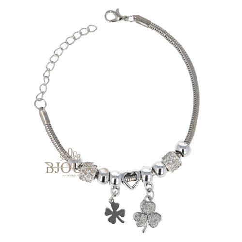 Bracciale acciaio rodio con charms trifogli