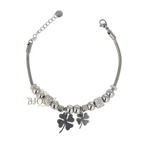 Bracciale acciaio con beads e due quadrifogli