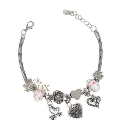Bracciale beads bianco con charms farfalle e cuore
