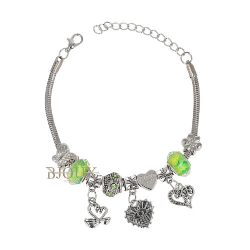 Bracciale beads verdi con charms farfalle e cuore