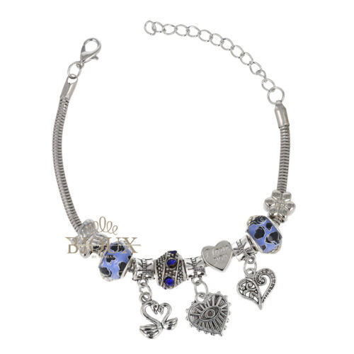 Bracciale beads blu con charms farfalle e cuore