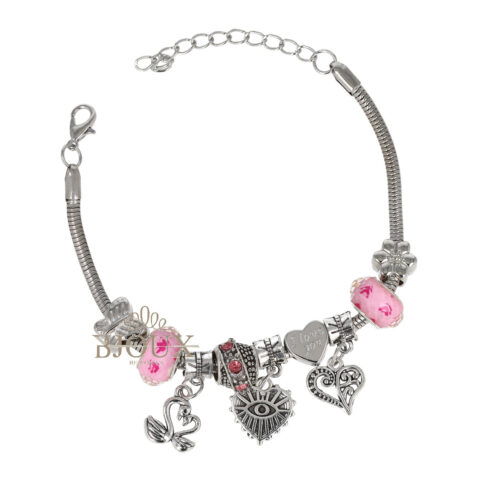 Bracciale beads rosa con charms farfalle e cuore