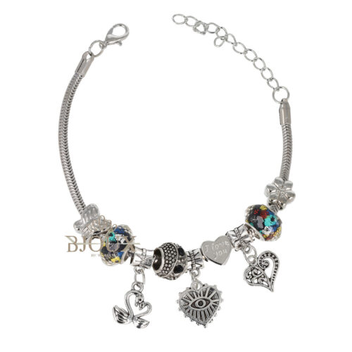 Bracciale beads neri con charms farfalle e cuore