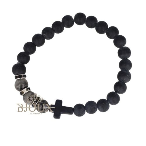 Bracciale uomo elastico con croce e pietre nero