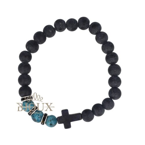 Bracciale uomo elastico con croce e pietre petrolio