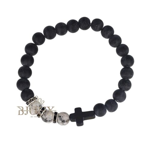 Bracciale uomo elastico con croce e pietre grigio