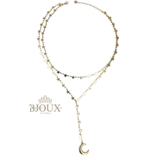 Collana Lariat Stelle e Luna - In Acciaio Dorato e Rodiato